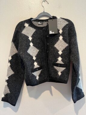 The Kooples Black & Gray Argyle Cropped Button Cardigan